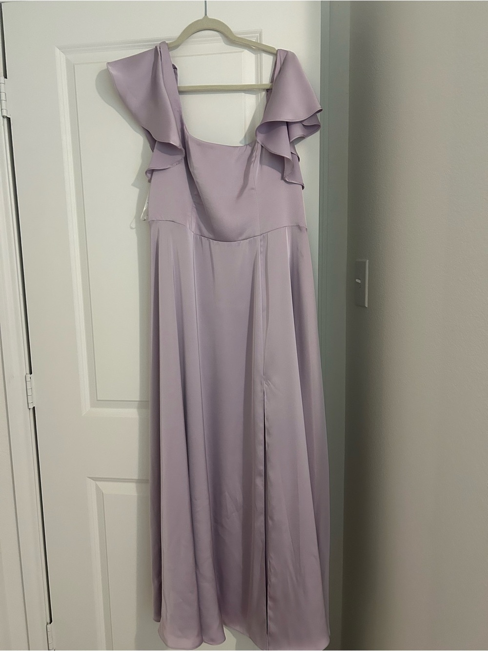 Azazie Frosted Lilac Ruffle-Shoulder Maxi Dress